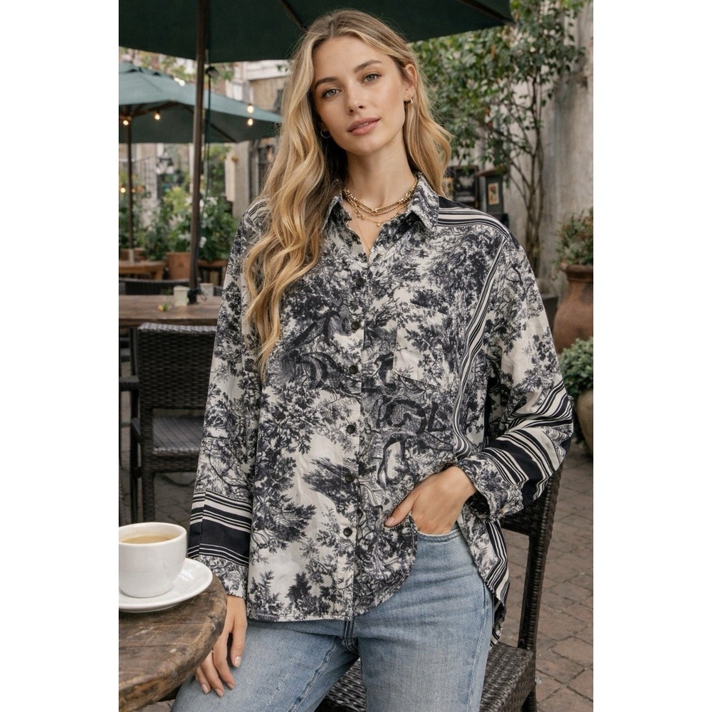 POL Toile Print Button Front Blouse Blue White Scenic Top Size Large